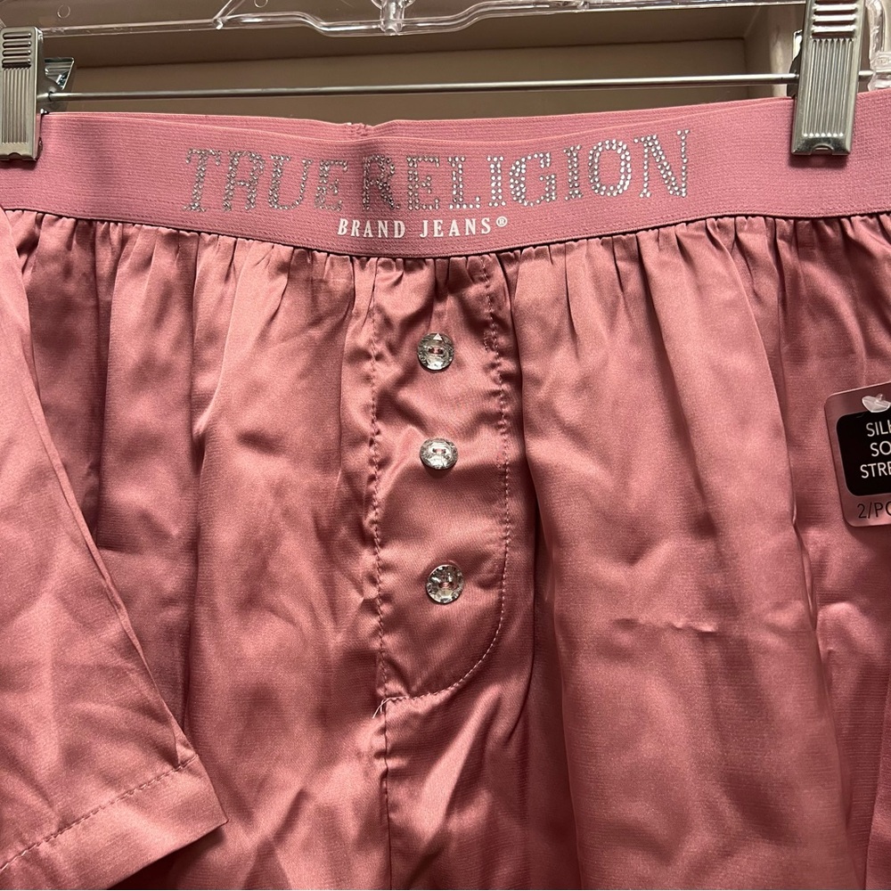 True Religion Pink Stretch Satin Boxer Pajamas with Notch Collar Button down Top - Picture 5 of 16